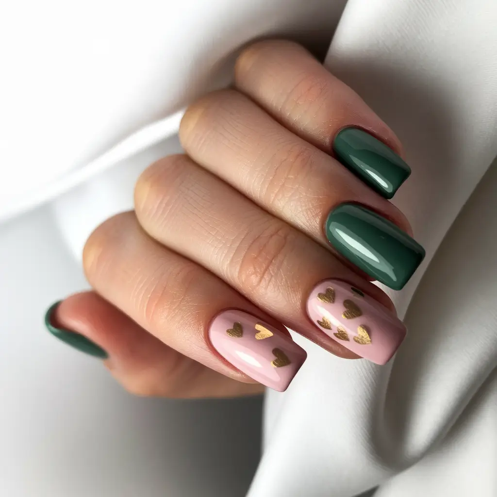 summer nail design ideas 2025 Romantic Green and Pink With Gold Heart Accents