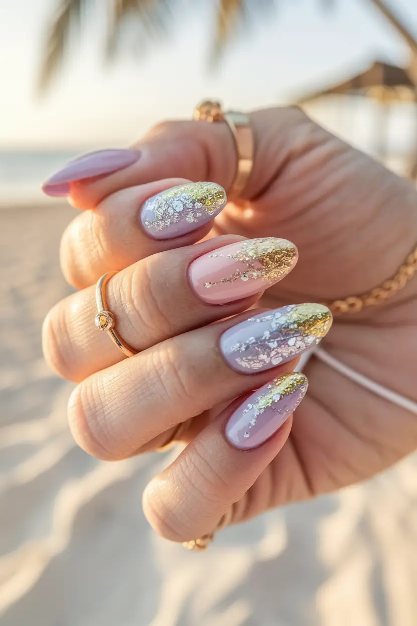 summer nail design ideas 2025 Beach-Glazed Glitter Ombre