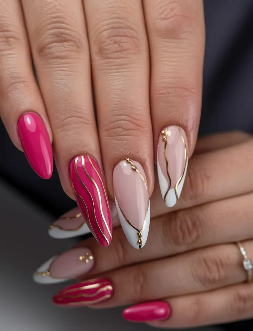 summer nail design ideas 2025 Hot Pink Meets Golden Glam With Swirls
