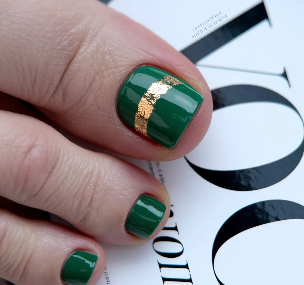 summer toe nails ideas 2025 Emerald Elegance with Gold Foil