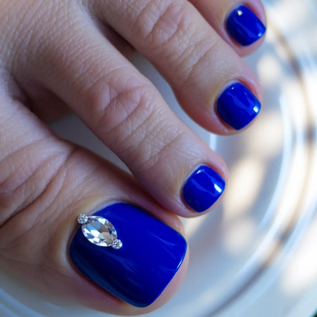 summer toe nails ideas 2025 Royal Blue with a Crown Jewel