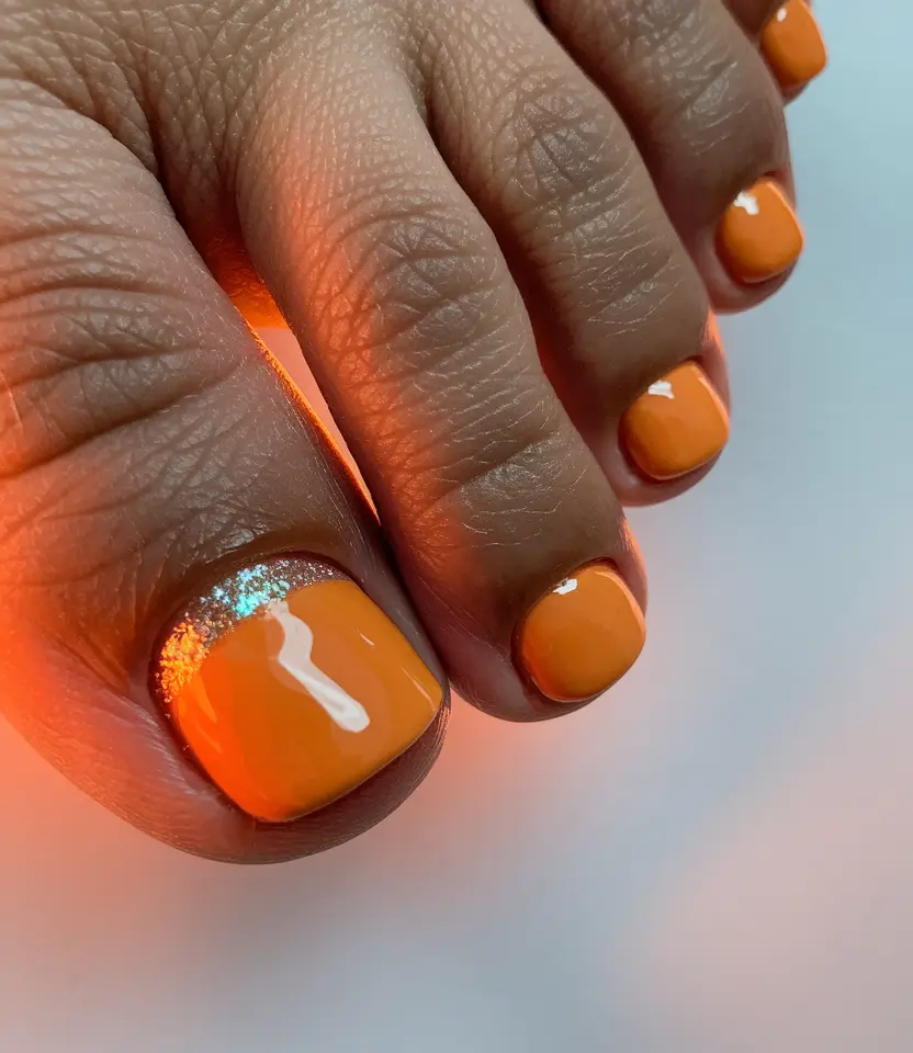 summer toe nails ideas 2025 Tangerine Shine with a Hint of Sparkle