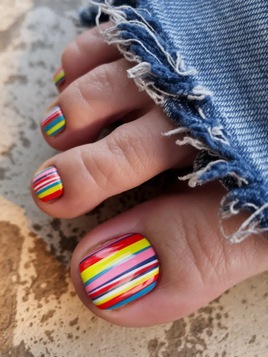 summer toe nails ideas 2025 Rainbow Micro Stripes
