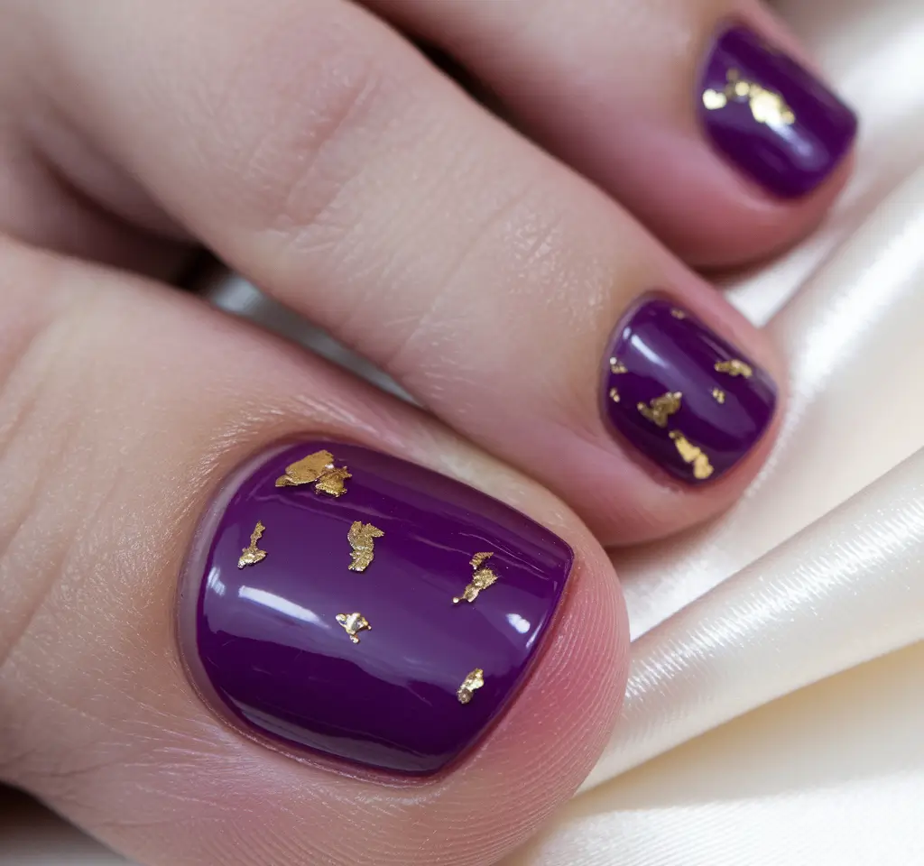 summer toe nails ideas 2025 Royal Plum with Gold Flakes