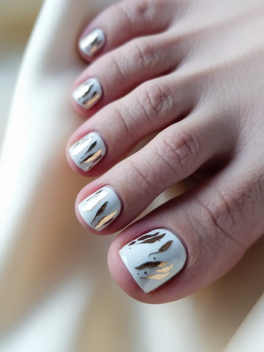 summer toe nails ideas 2025 Abstract Metallic on White