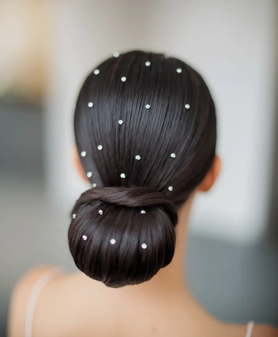Summer Updo Hairstyles 2025: Simple Styles+Starry Low Bun with Rhinestone Accents