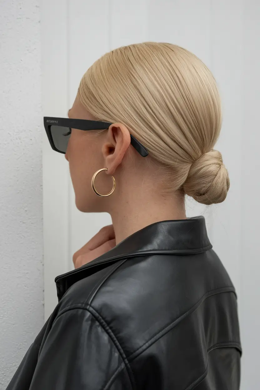 Summer Updo Hairstyles 2025: Simple Styles+Slicked-Back Low Bun with Urban Edge