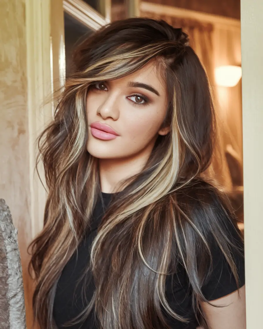 chunky blonde streaks dark brown summer highlights