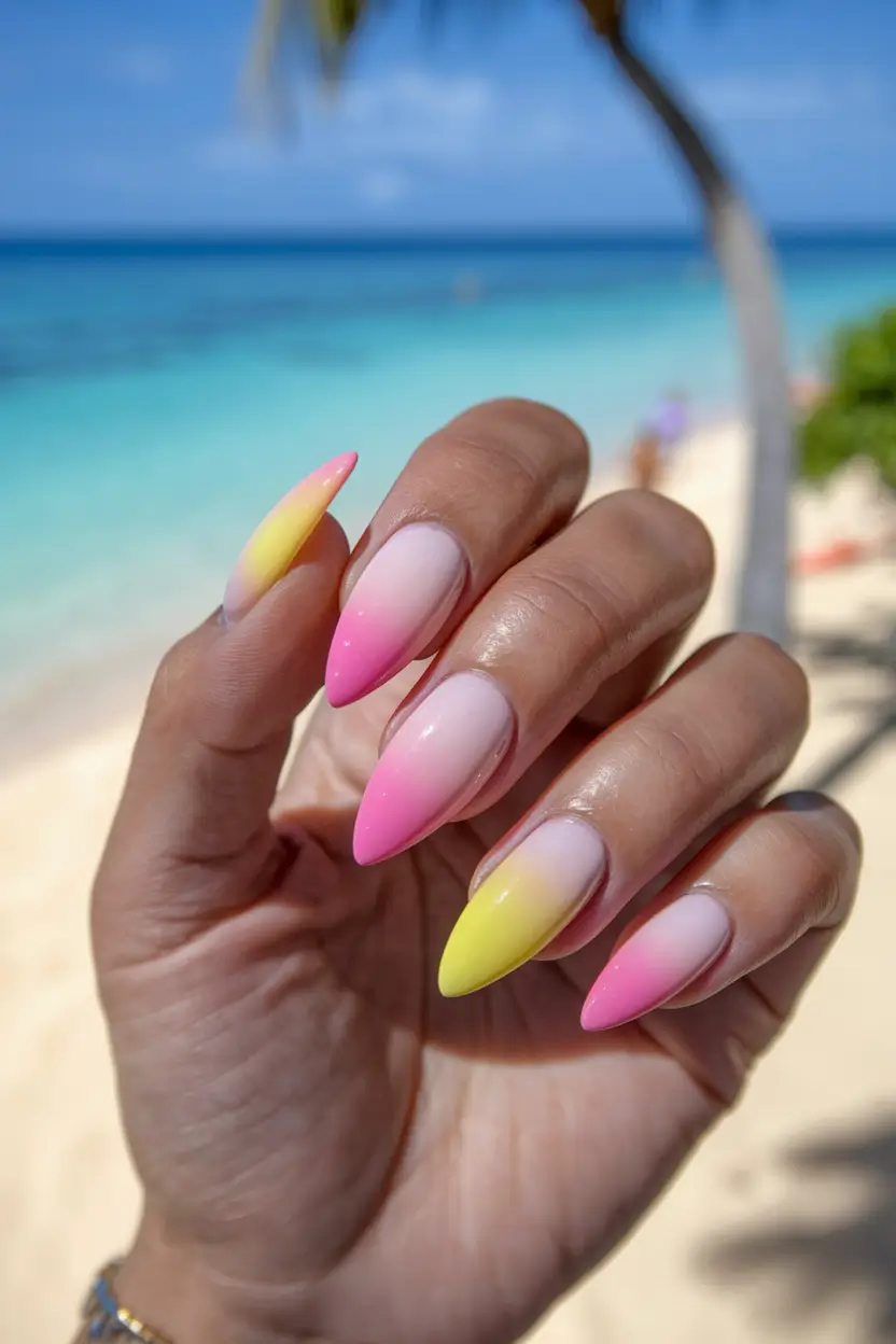 Tropical Vacation Nails for Summer 2025 Sunrise Fade in Citrus & Bubblegum