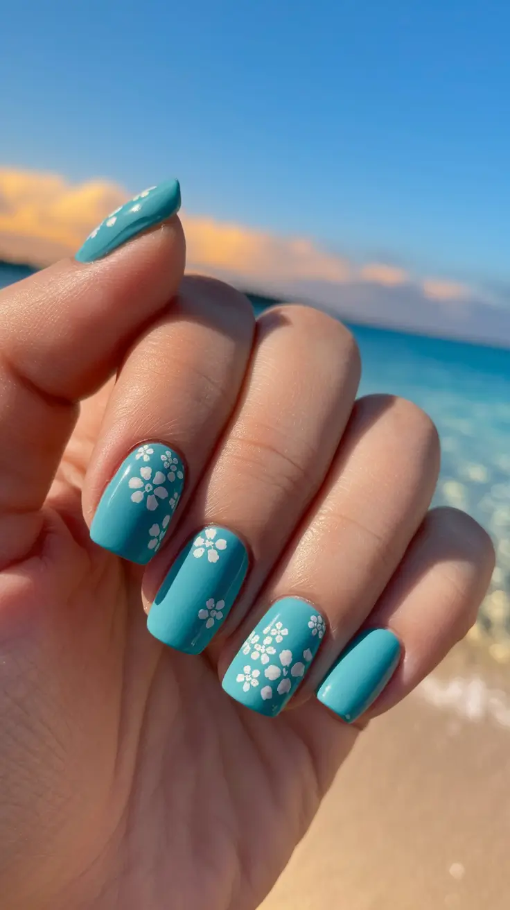 Tropical Vacation Nails for Summer 2025 Floral Surf Blue Simplicity