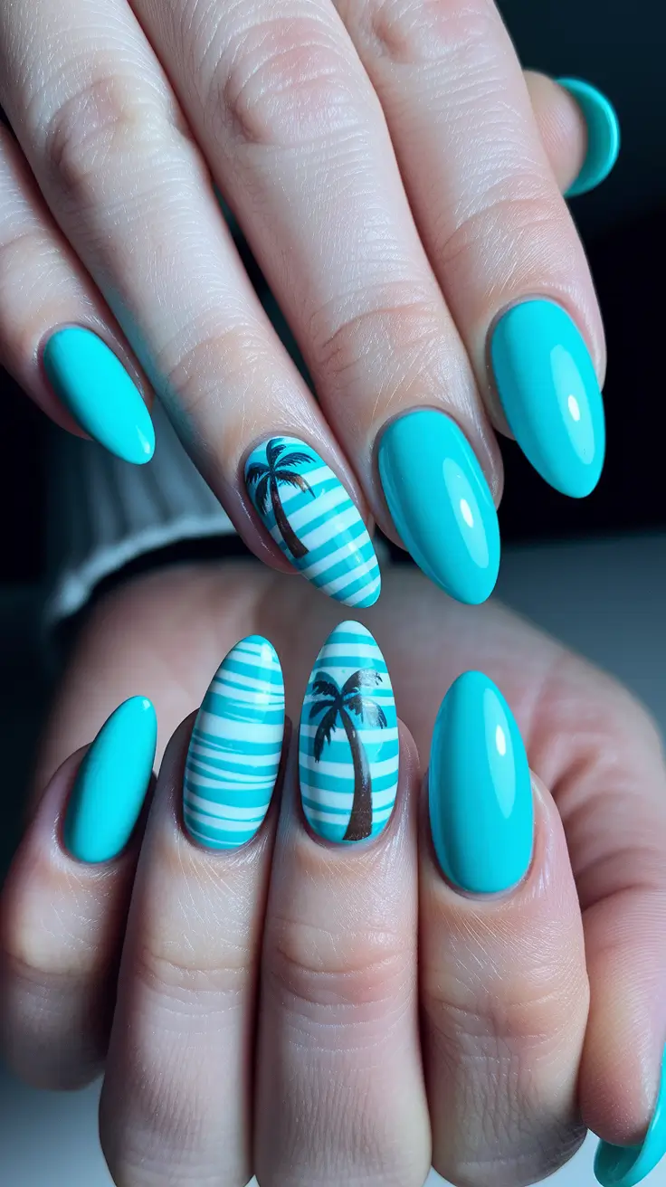 Tropical Vacation Nails for Summer 2025 Striped Palms & Poolside Blues
