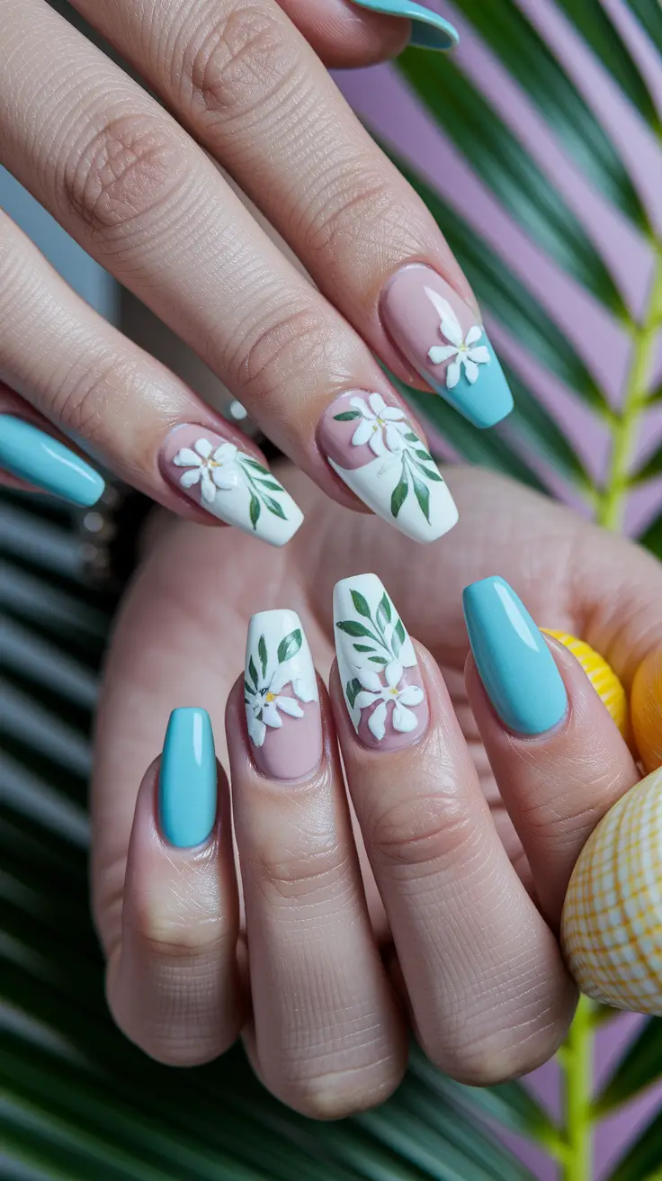 Tropical Vacation Nails for Summer 2025 Botanical Carvings in Aqua & White