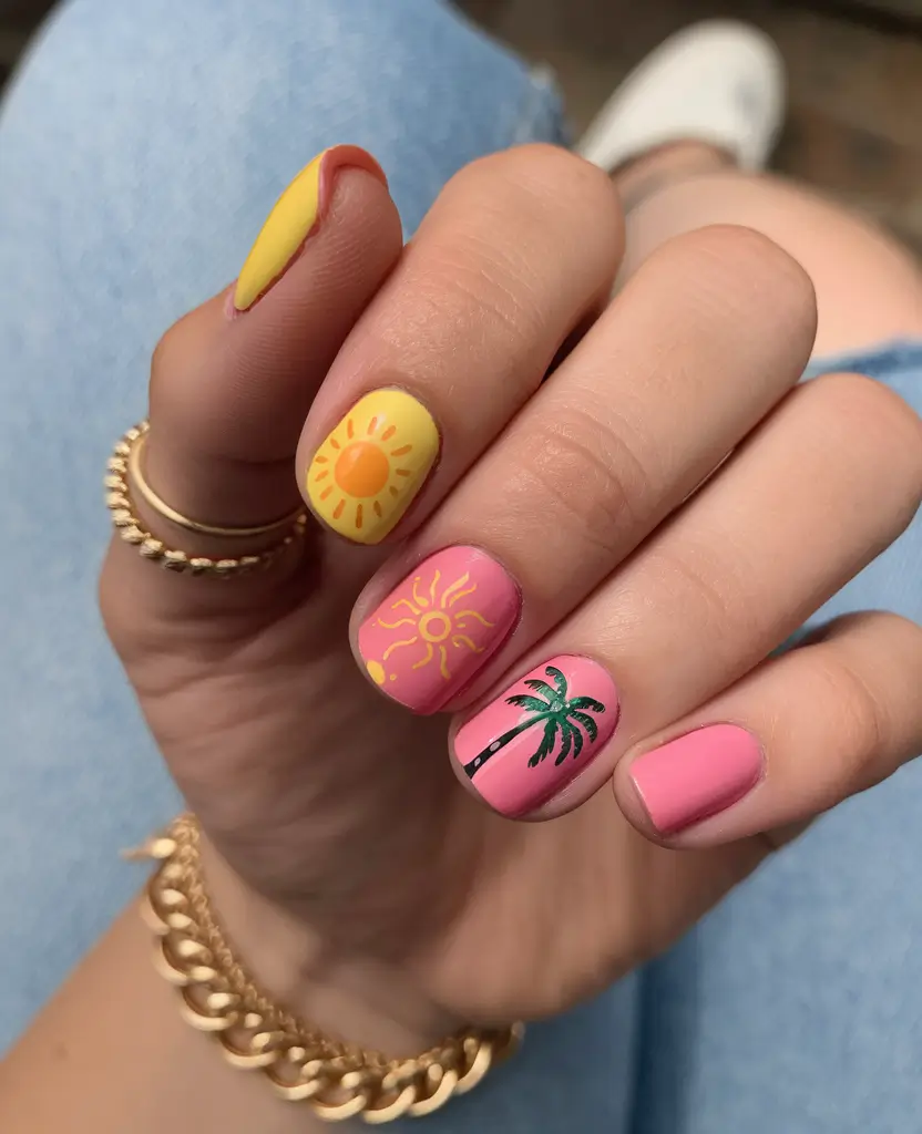 Tropical Vacation Nails for Summer 2025 Sunshine Doodles & Playful Palms