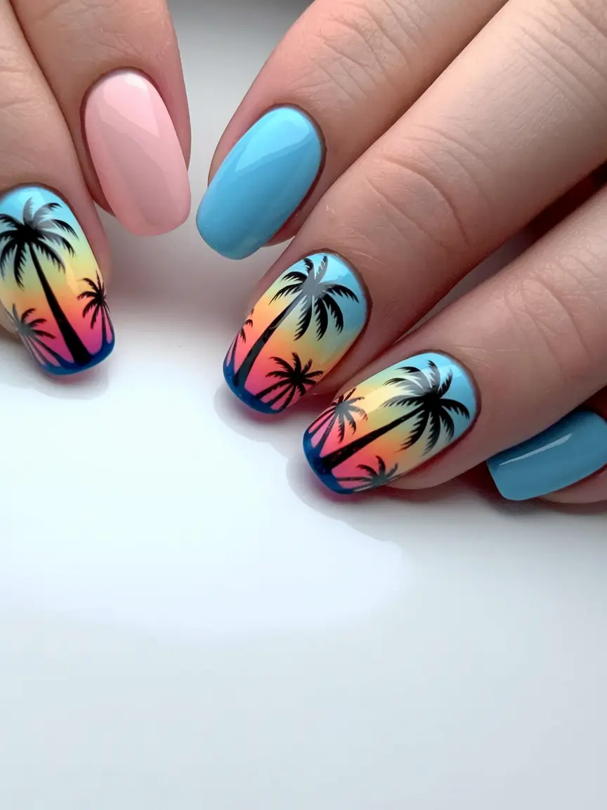 Tropical Vacation Nails for Summer 2025 Sunset Palms Over a Beach Horizon