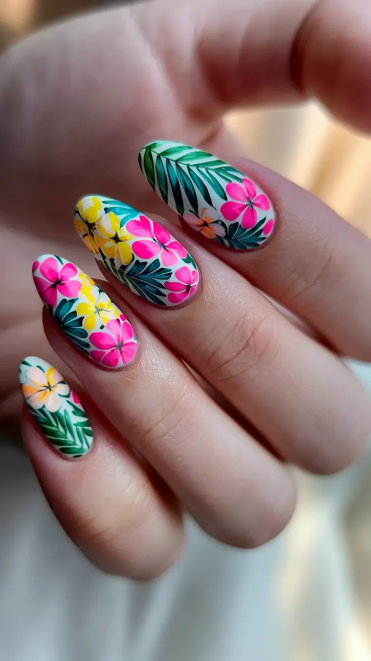 Tropical Vacation Nails for Summer 2025 Bold Florals in a Summer Jungle