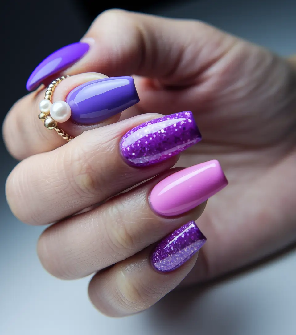 vacation nails ideas 2025 Glittered Purple and Pink for Bold Island Nights
