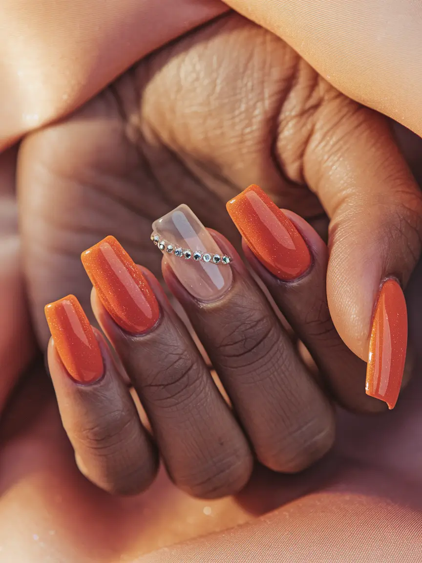 vacation nails ideas coffin Sunset Orange with Crystal Clear Accent