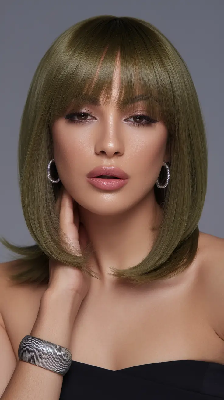 Wigs Hairstyle Summer 2025: Stylish Inspiration Glossy Green Bob with Bangs