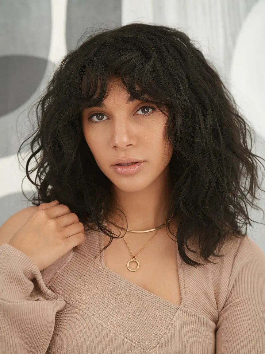 Wigs Hairstyle Summer 2025: Stylish Inspiration Soft Black Curls with Wispy Bangs