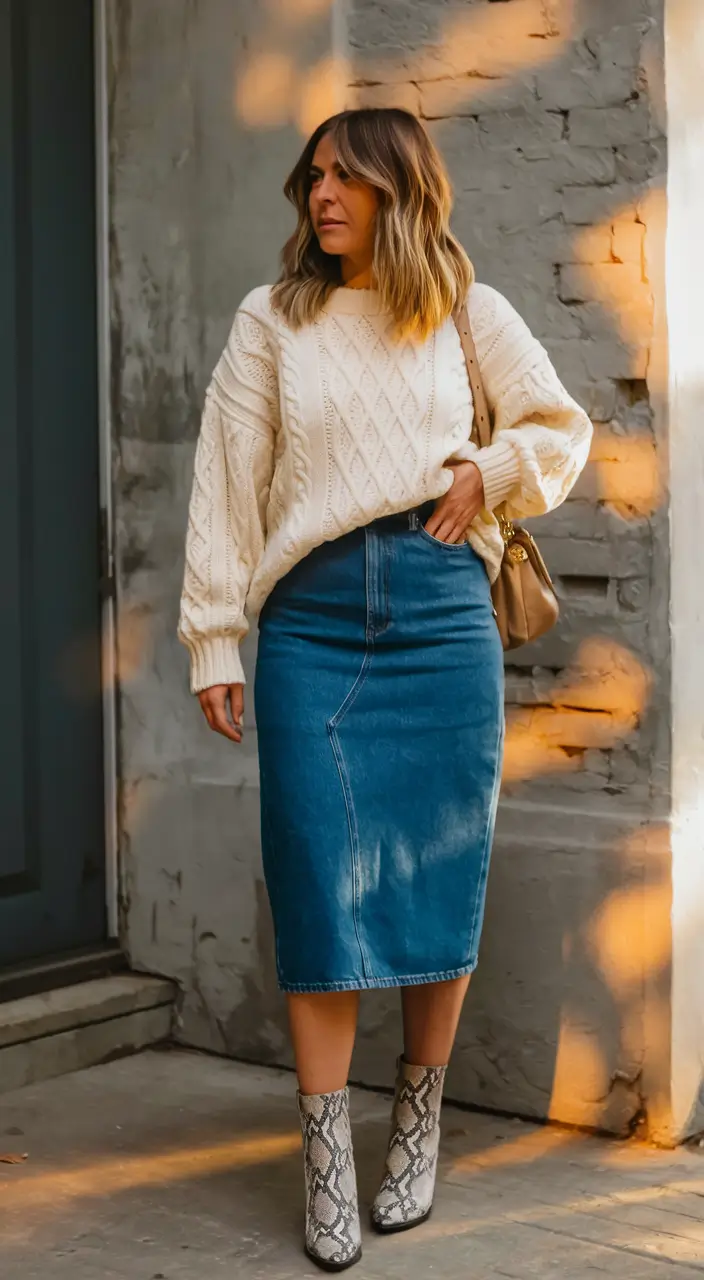 cute fall skirt outfits ideas 2025 - Denim Pencil & Neutral Texture Play