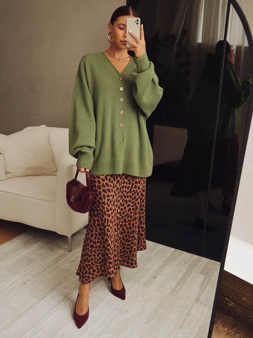 cute fall skirt outfits ideas 2025 - Olive Green Slouch & Satin Wild