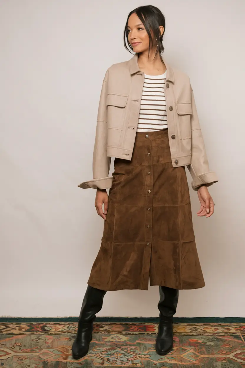 cute fall skirt outfits ideas 2025 Soft Suede Meets French Stripes