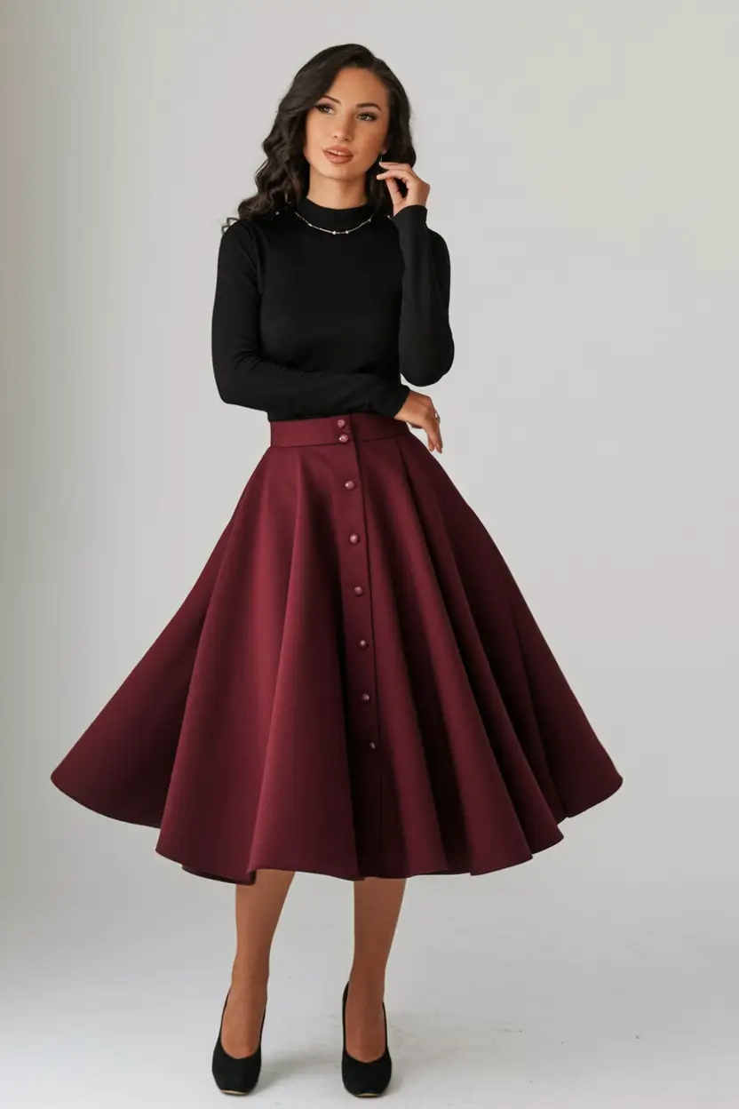 cute fall skirt outfits ideas 2025 Wine-Red Swing for Crisp Evenings