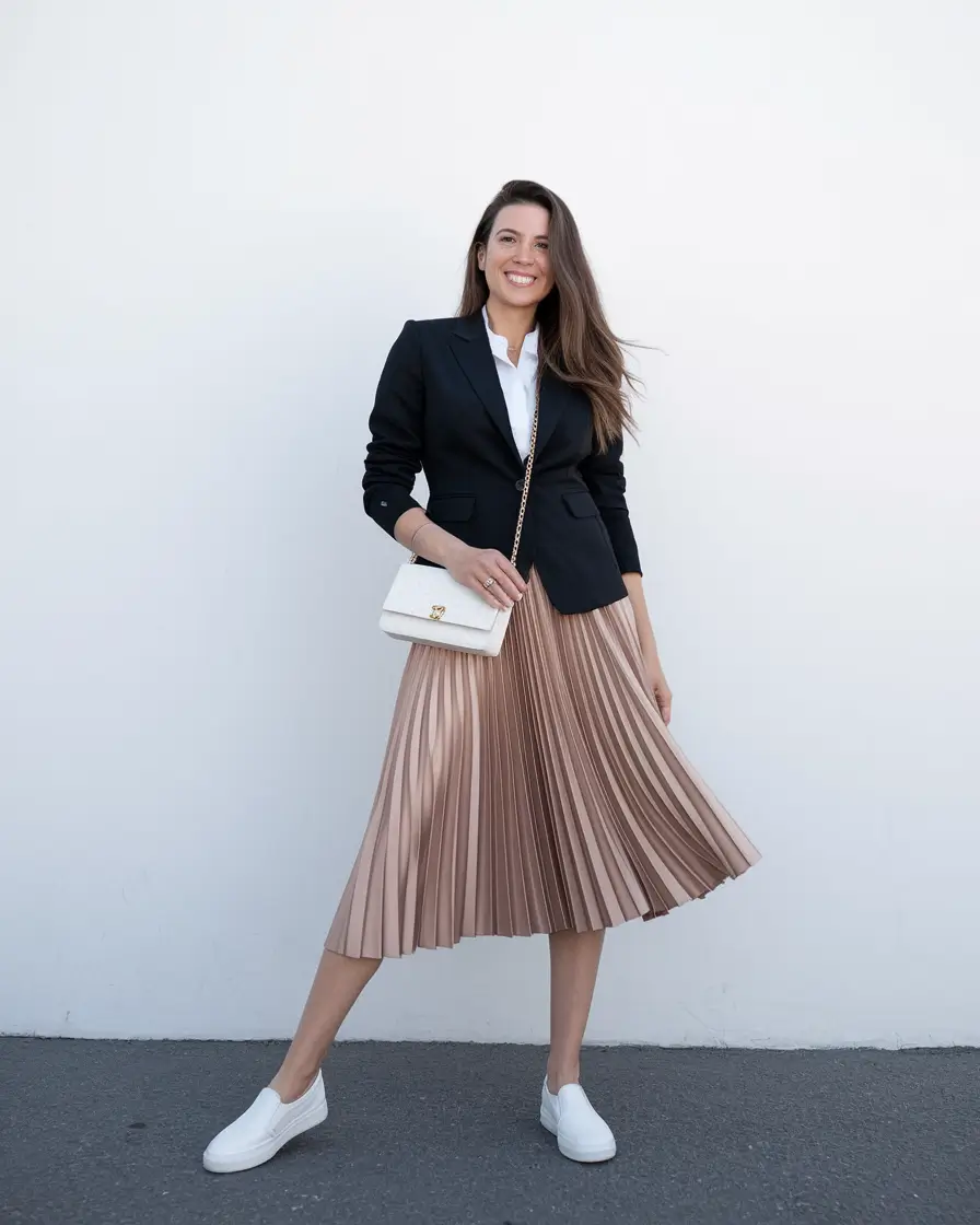 cute fall skirt outfits ideas 2025 Boardroom-to-Brunch Pleats