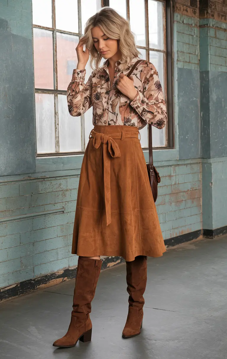 cute fall skirt outfits ideas 2025 Sunflower Suede and High Boots