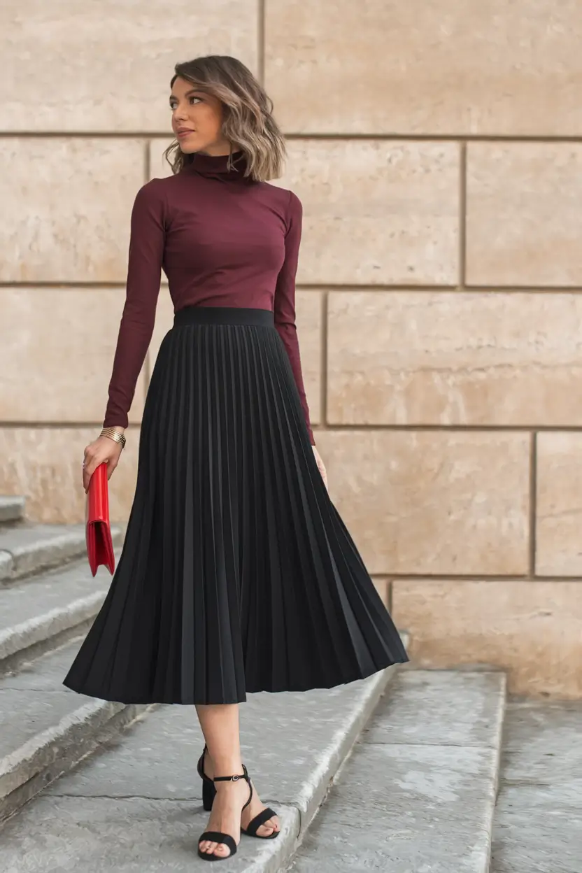 cute fall skirt outfits ideas 2025 - Wine & Noir Pleated Grace