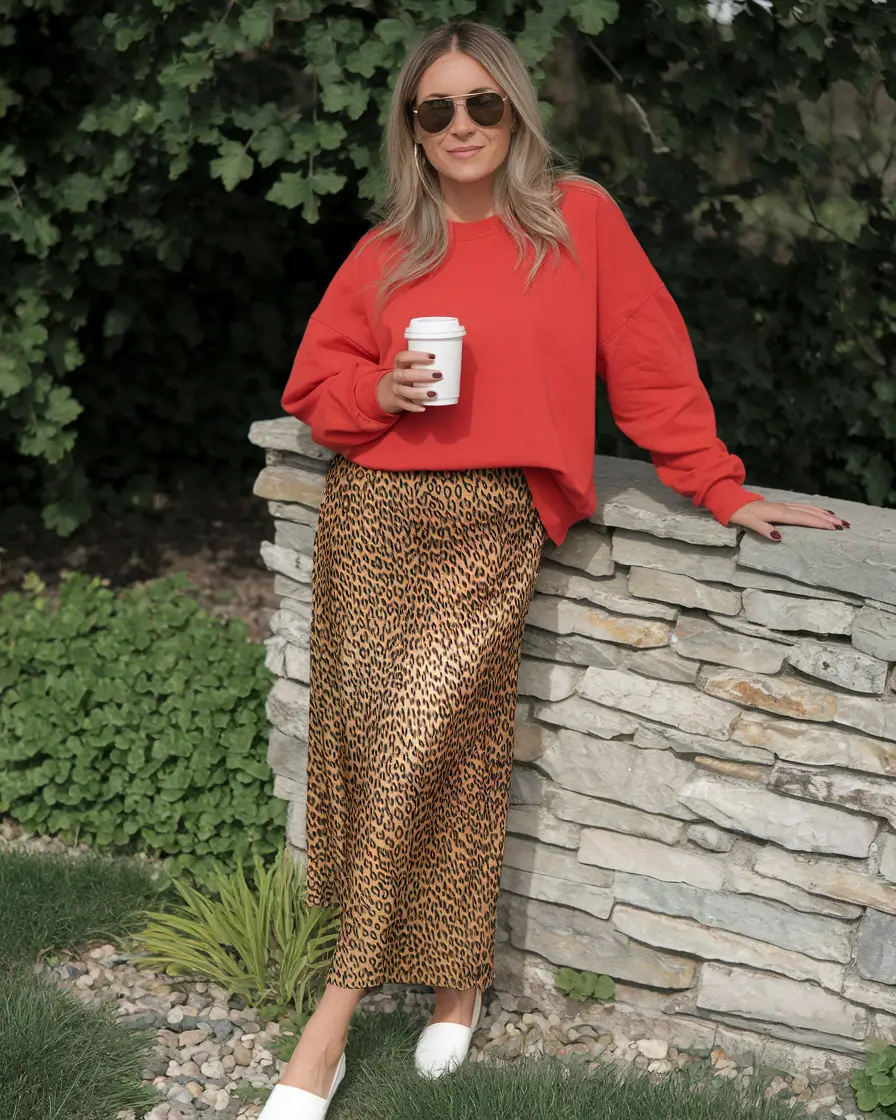 cute fall skirt outfits ideas 2025 - Leopard Satin & Laid-Back Attitude