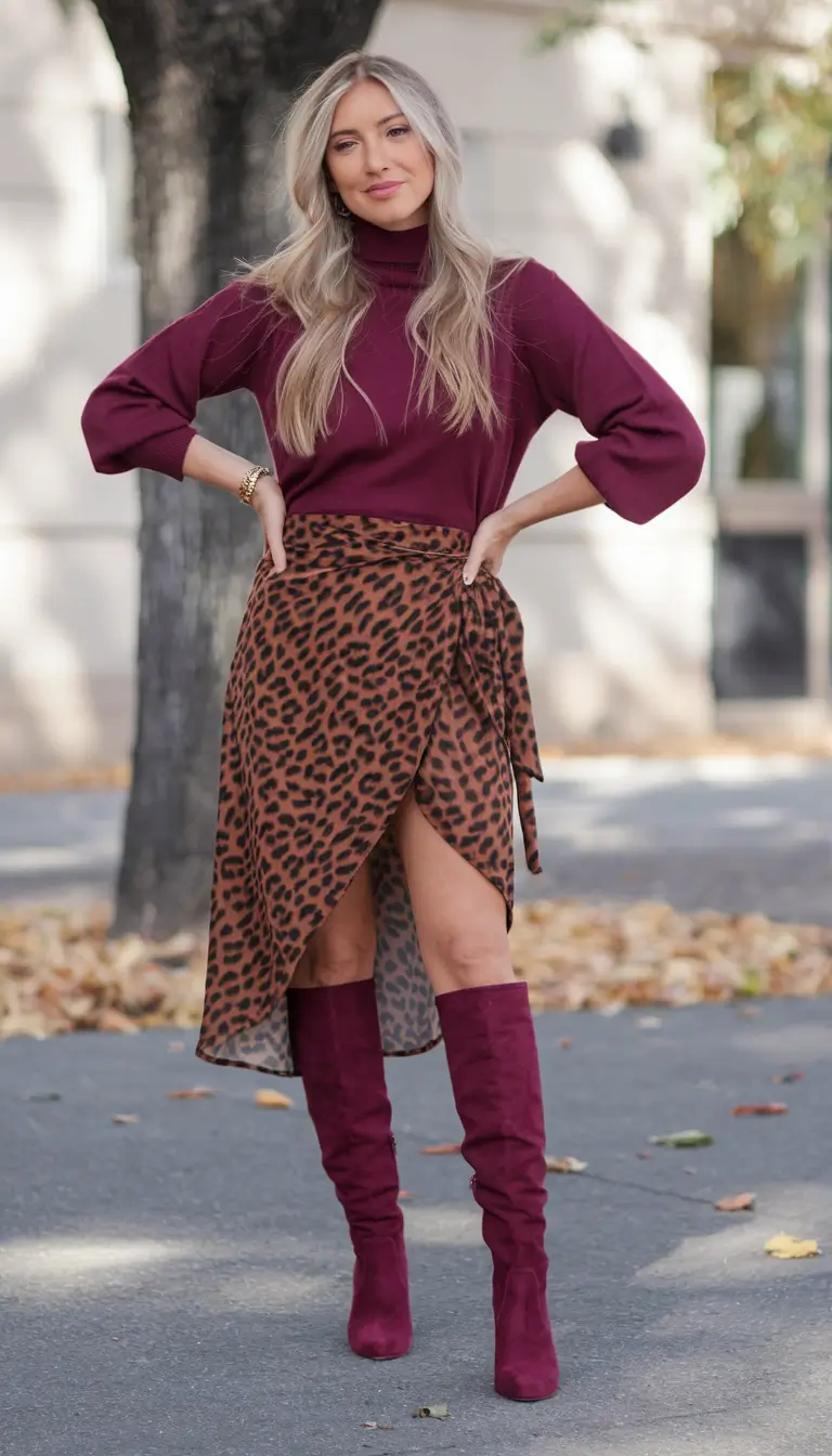 cute fall skirt outfits ideas 2025 - Leopard Wrap & Merlot Boot Swagger