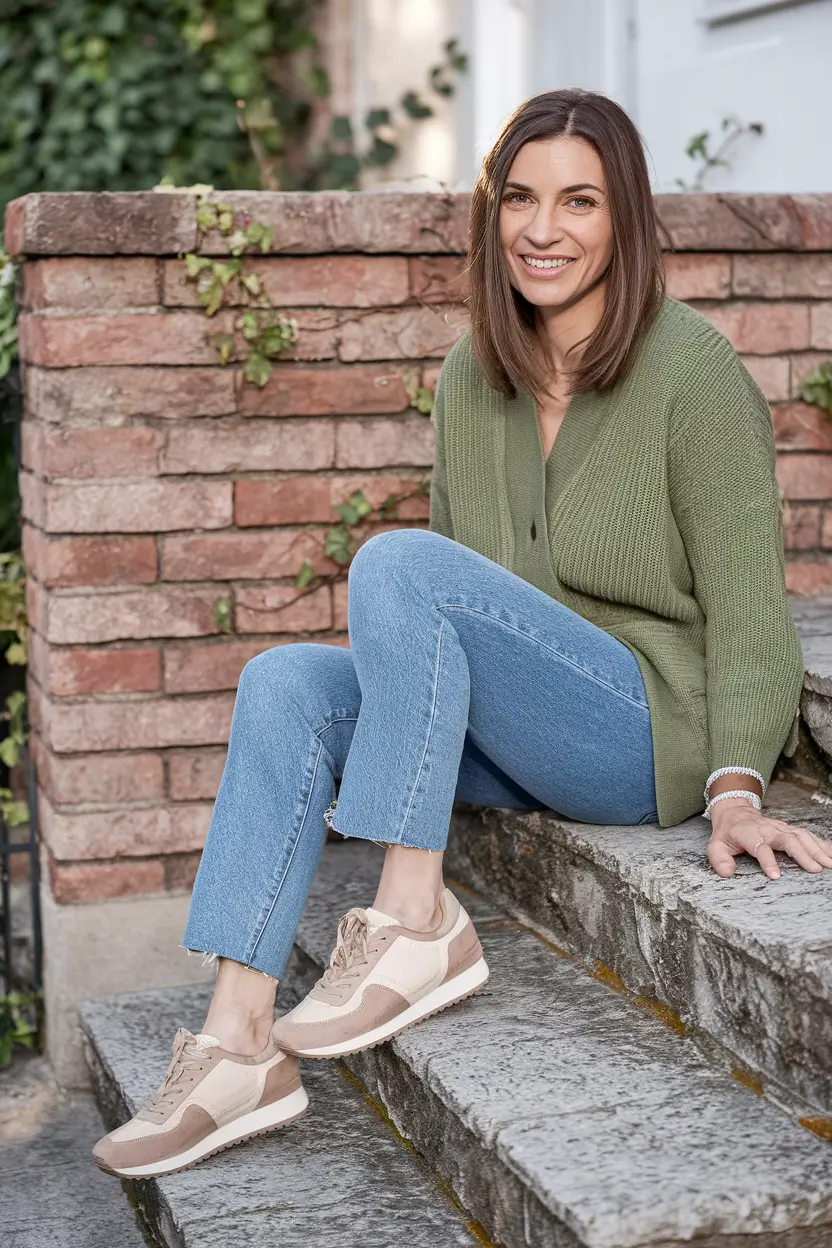 summer to fall transition outfits ideas 2025 - Olive Cardigan & Retro Runners