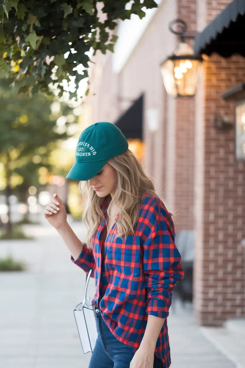 summer to fall transition outfits ideas 2025 - Plaid Flannel & Baseball-Cap Ease