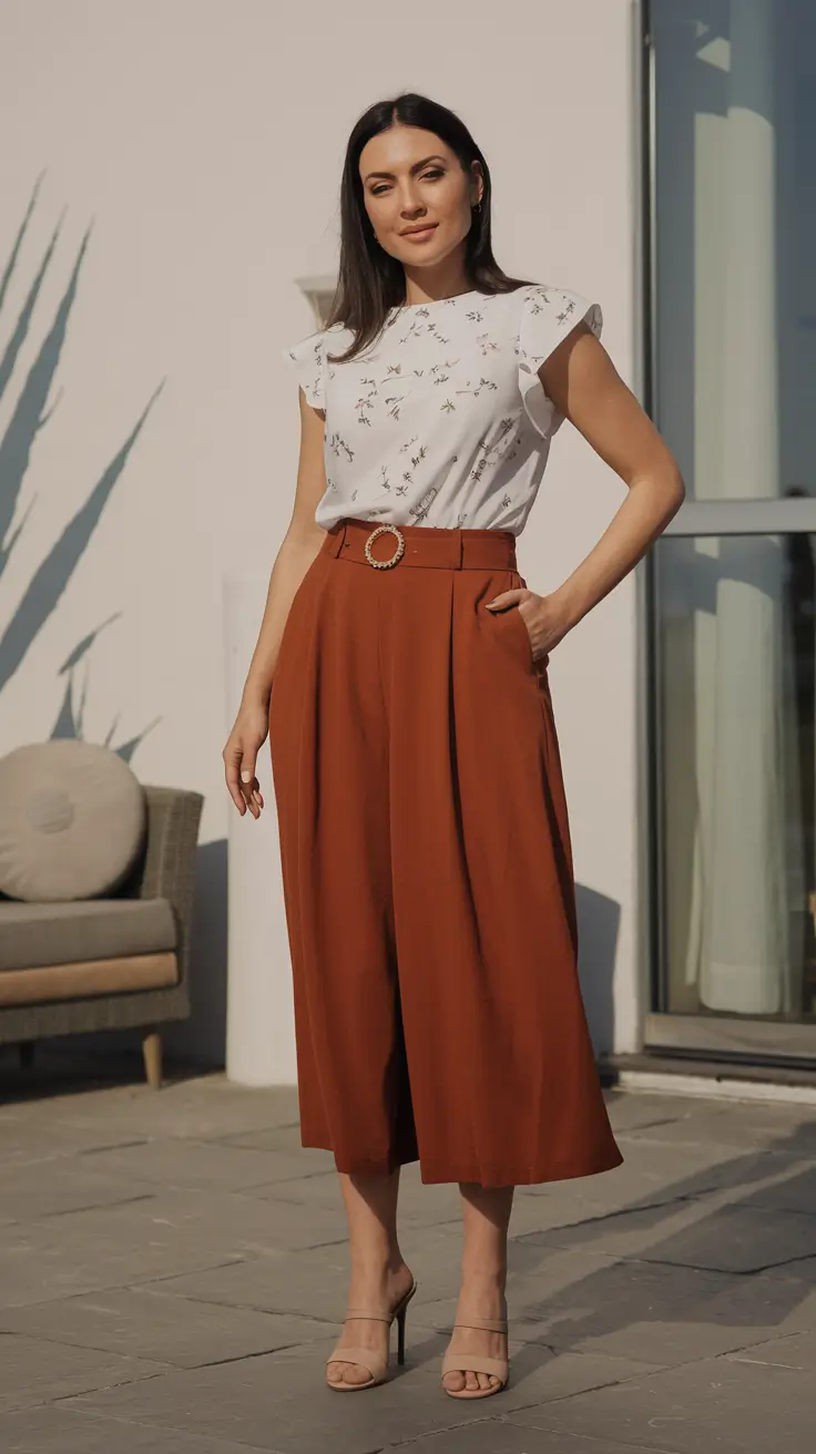 summer to fall transition outfits ideas 2025 - Rust-Toned Culotte Elegance