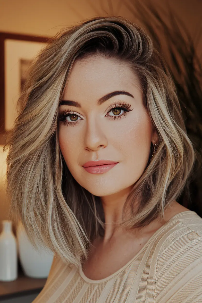 August 2025 hair color ideas – Honey-Oat Bronde Swoop