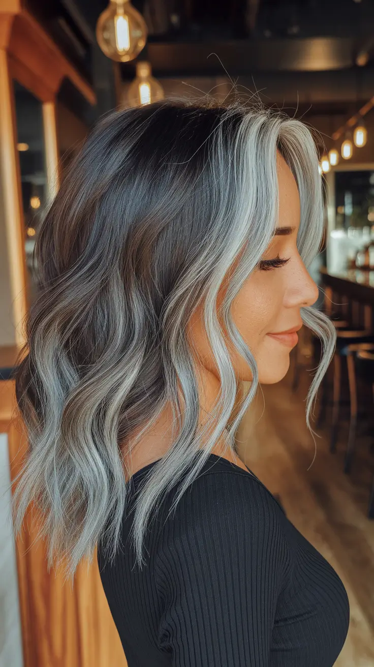 August 2025 hair color ideas – Charcoal-Silver Money-Piece Wave