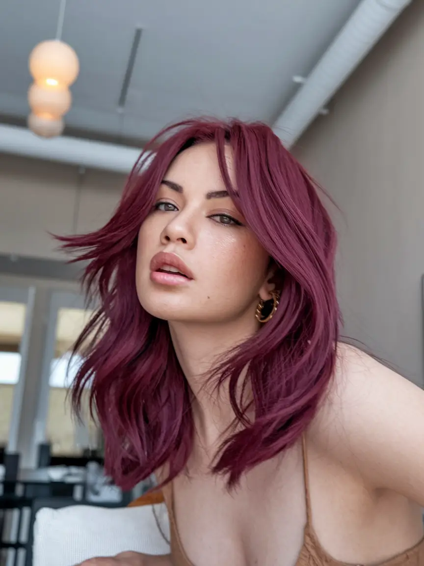 August 2025 hair color ideas – Mulberry-Wine Midlength