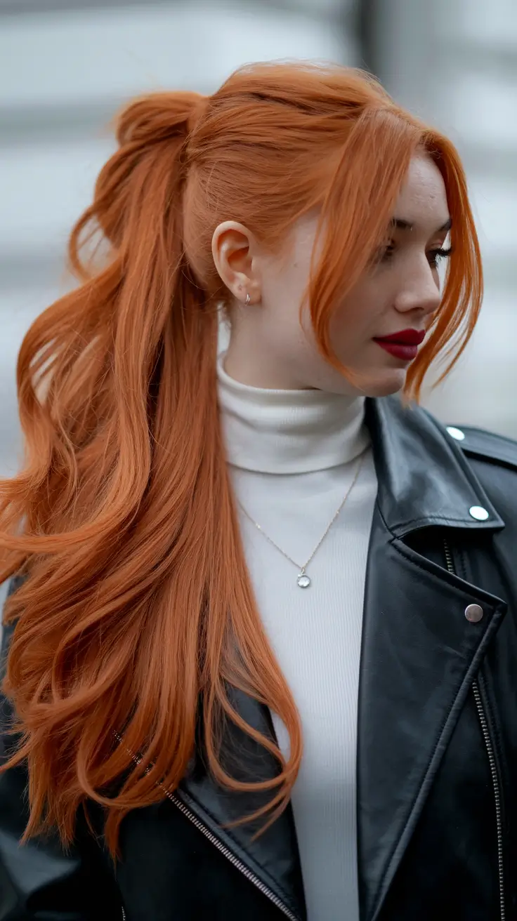 August 2025 hair color ideas – Saffron Ponytail Swirl