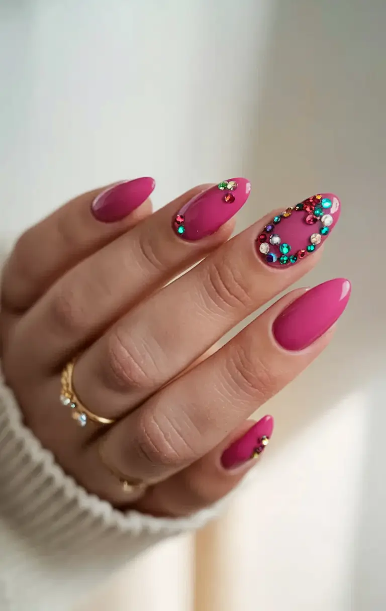 August 2025 nails design ideas Gem-Flecked Fuchsia Drama