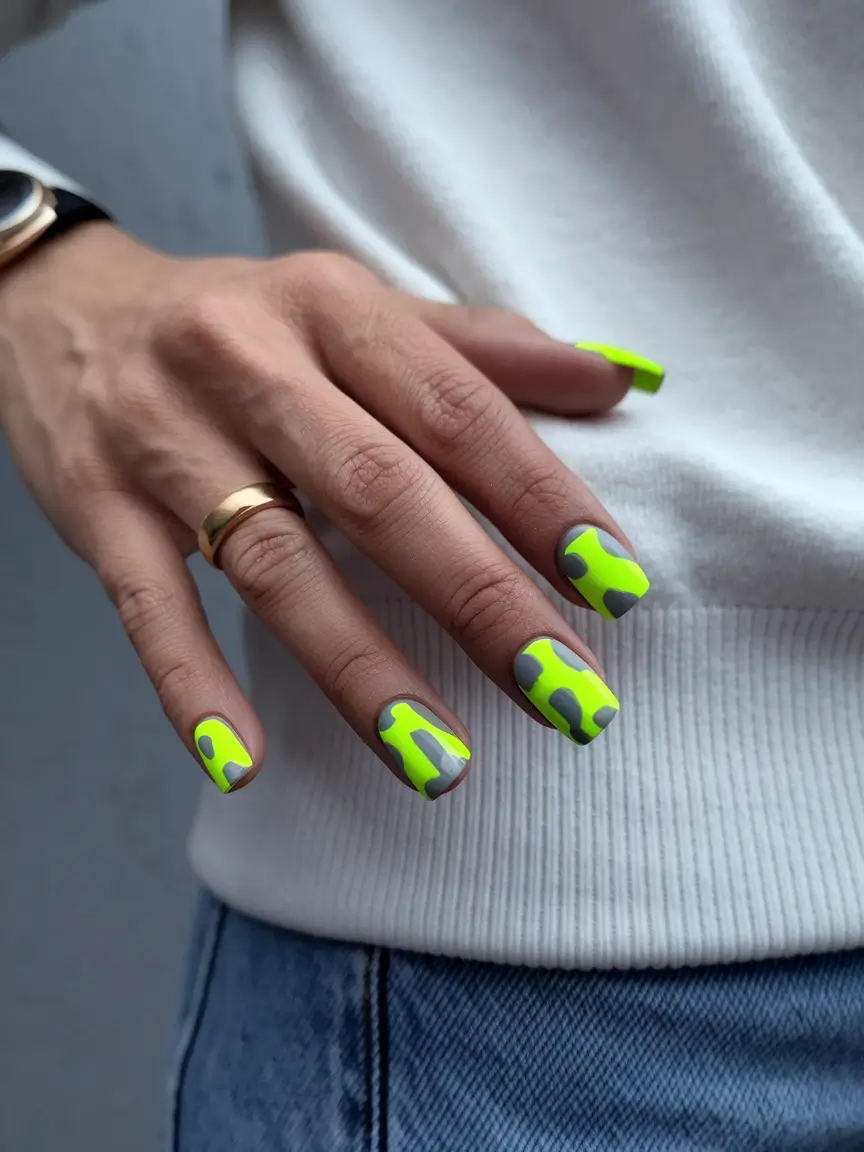 August 2025 nails design ideas Neon Moss Camo Squares