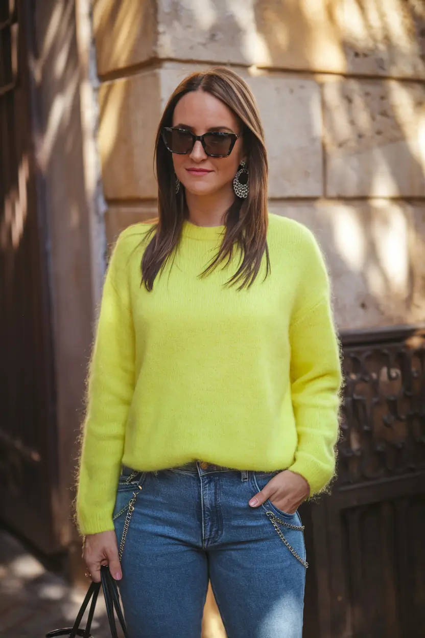 casual fall 2025 outfits for women over 30 Bright Knit for Crisp Days