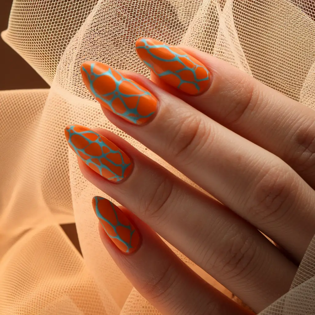 Classy Summer Nails for 2025 Style Electric Orange Web with Aqua Contrast