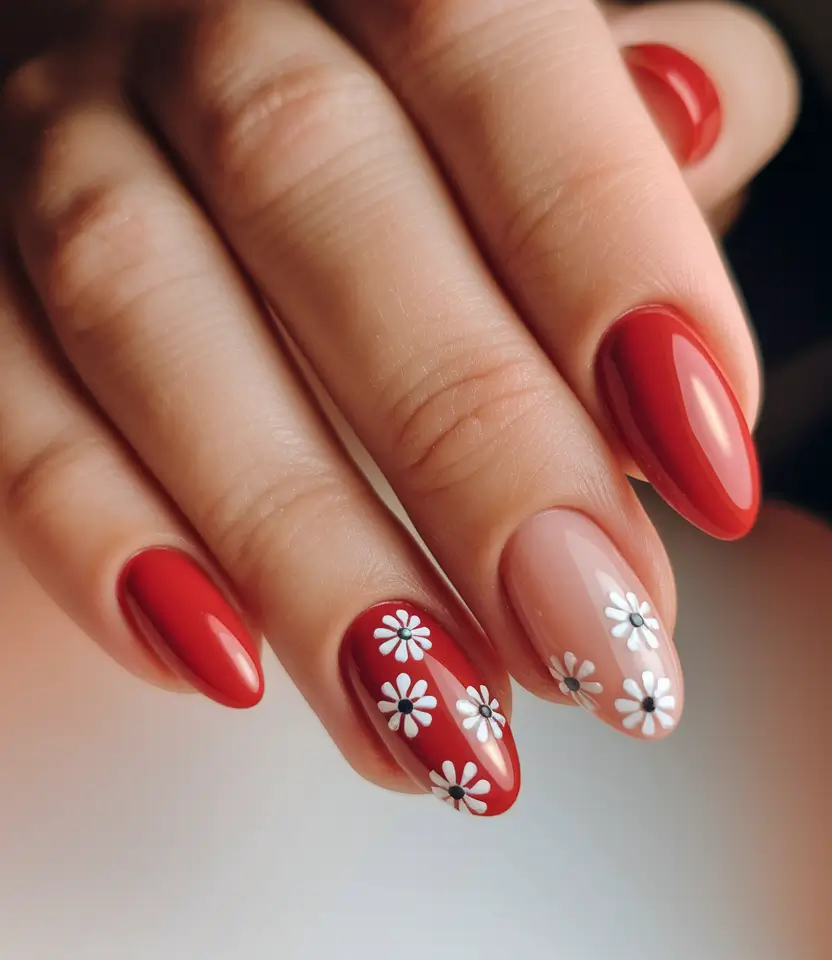 Classy Summer Nails for 2025 Style Red Cherry Daisies