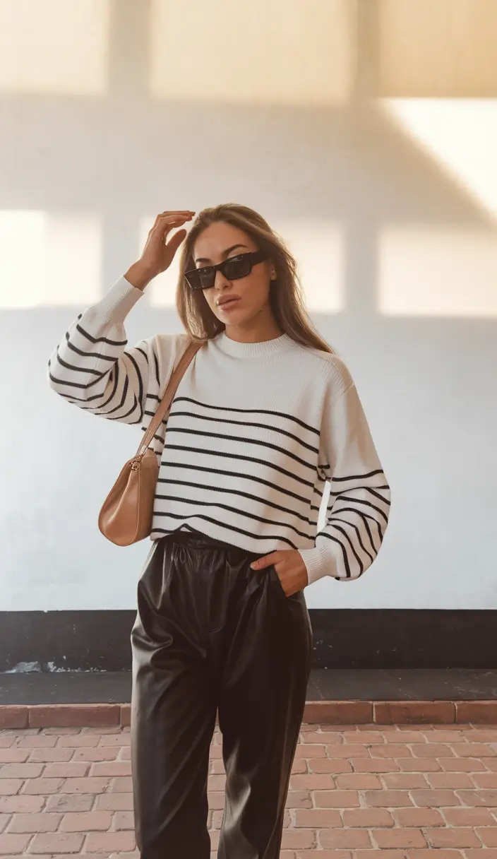cute autumn outfits ideas 2025 French Girl Effortless in Stripes and Leather