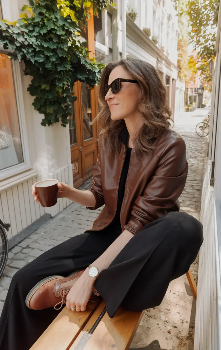 cute autumn outfits ideas 2025 Laidback Cool With Leather and Coffee