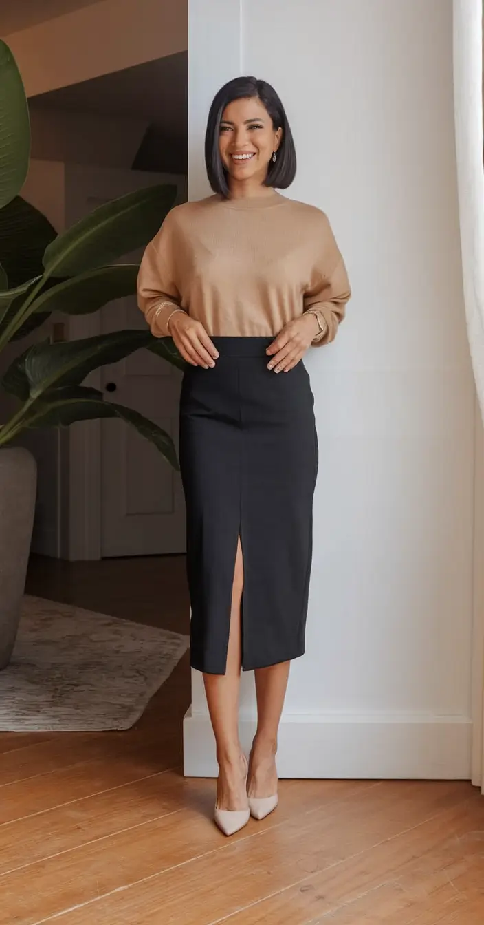 cute fall fashion outfits aesthetic 2025 Neutral Knits and Pencil Power