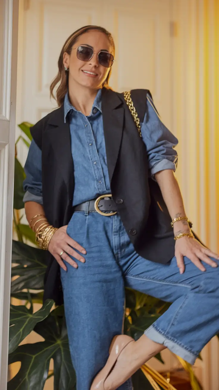 cute fall fashion outfits aesthetic 2025 Denim on Denim With a Bold Accent