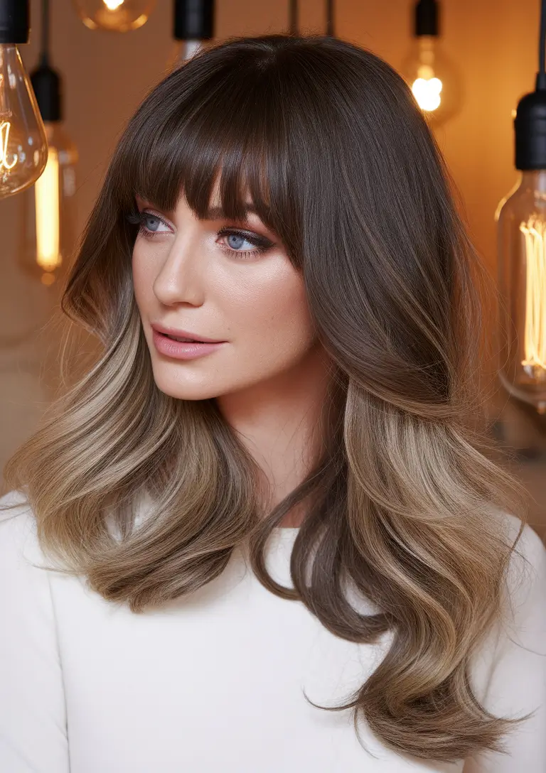 end of summer hair color ideas 2025 Brunette-to-Blonde Soft Ombre with Bangs