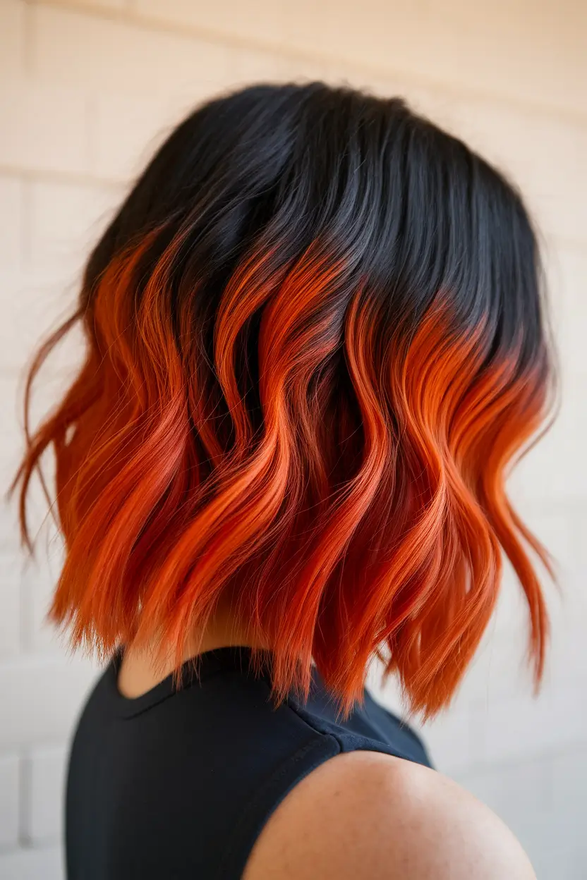 end of summer hair color ideas 2025 Black and Neon Orange Fire Tips